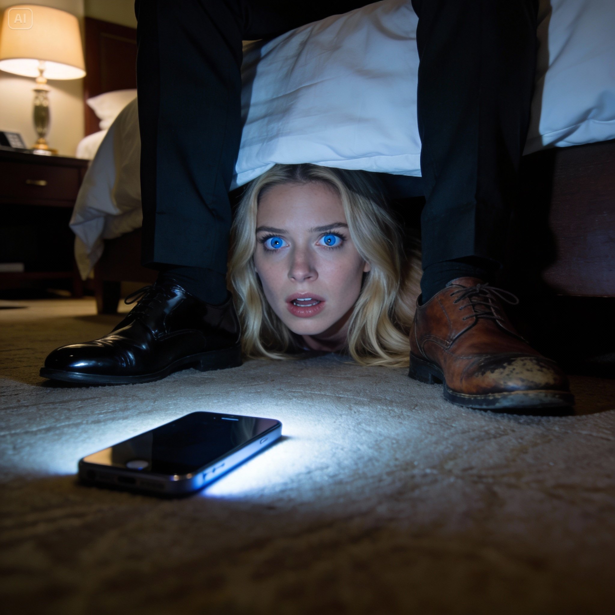 On my wedding night, I stifled a laugh as I hid under the bed, waiting for my husband to walk in so I could surprise him. The door opened—but it wasn’t him. A phone was placed on the floor