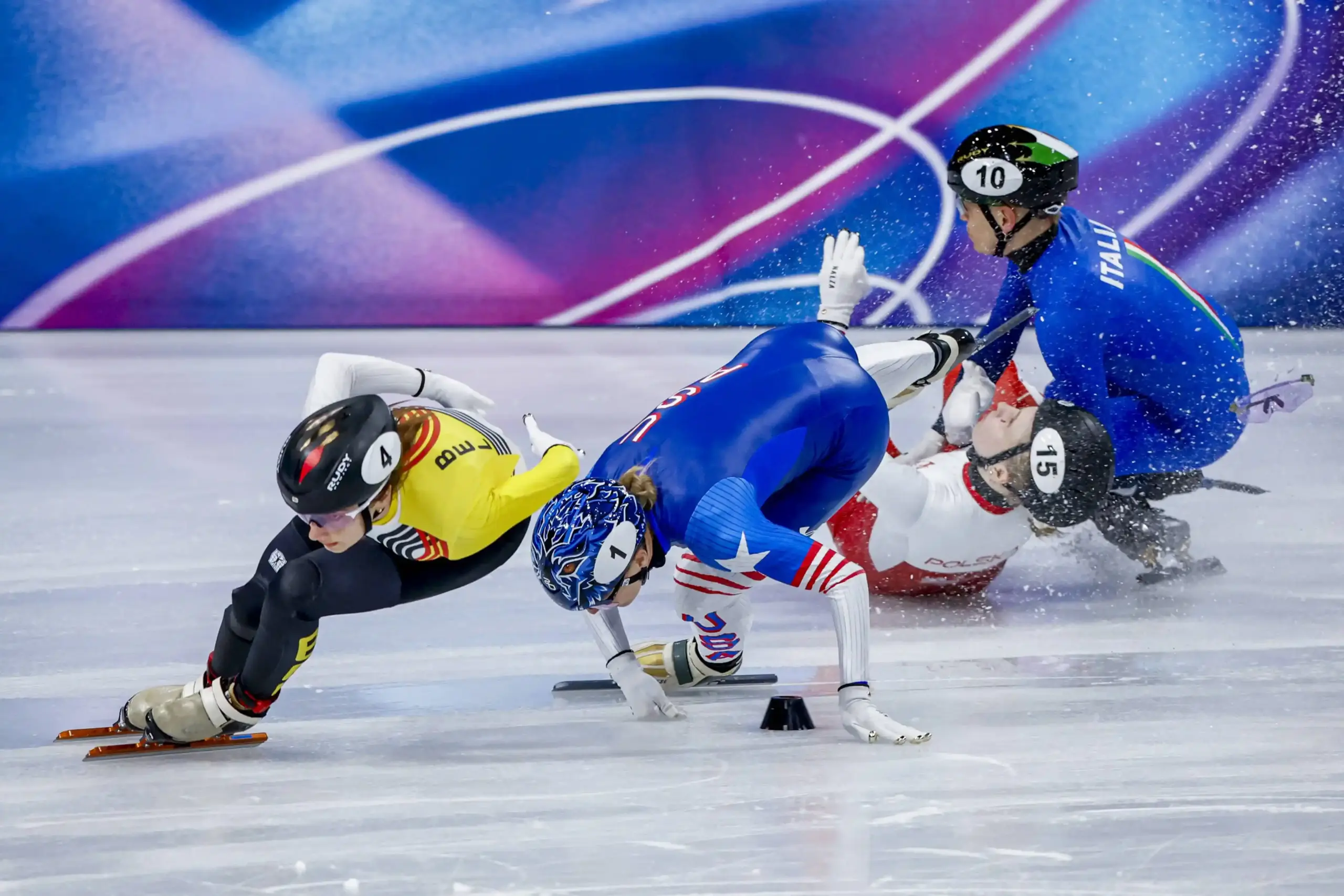 A nearby camera shows the Polish speed skater removed on a stretcher following a frightening cut under her eye from an opponent’s skate