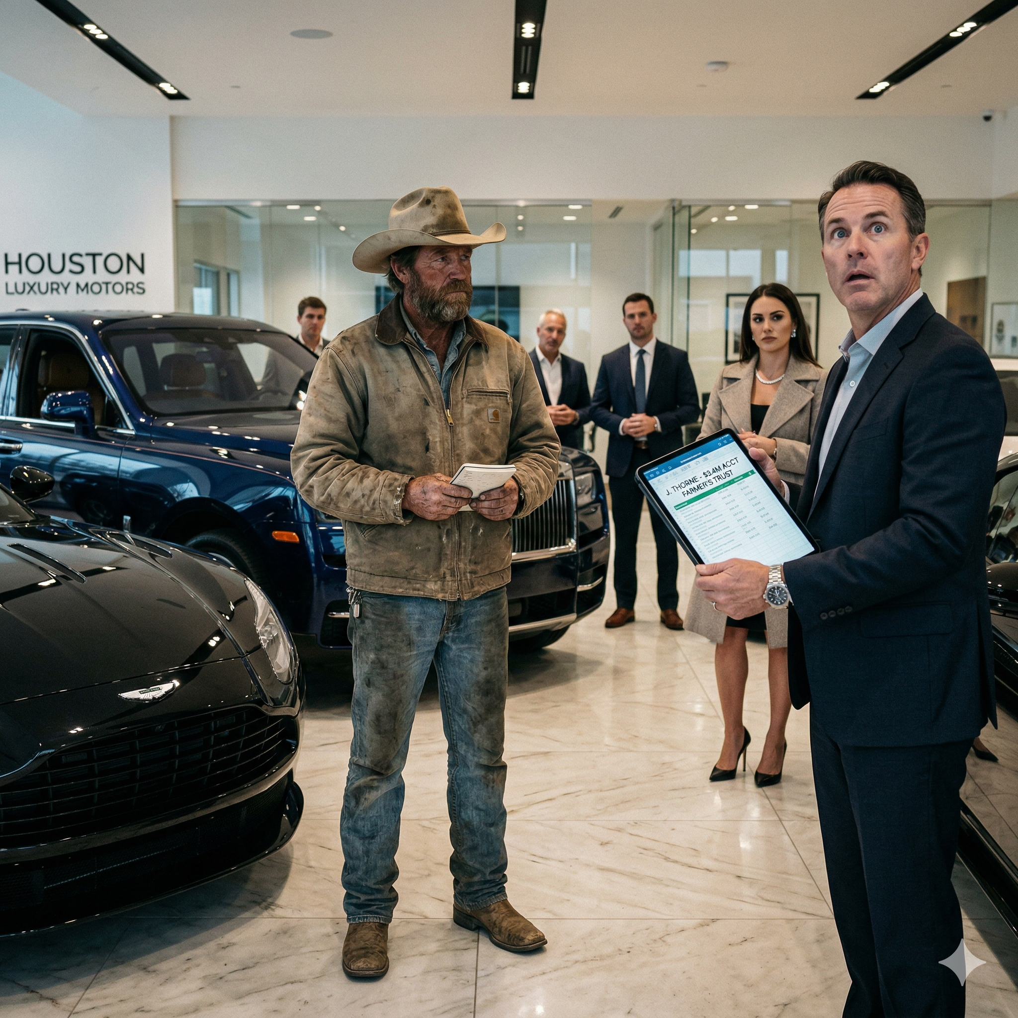They cast disdainful glances at the ragged, cowboy-like farmer in the luxury car showroom—until the manager checked his name and discovered his identity.