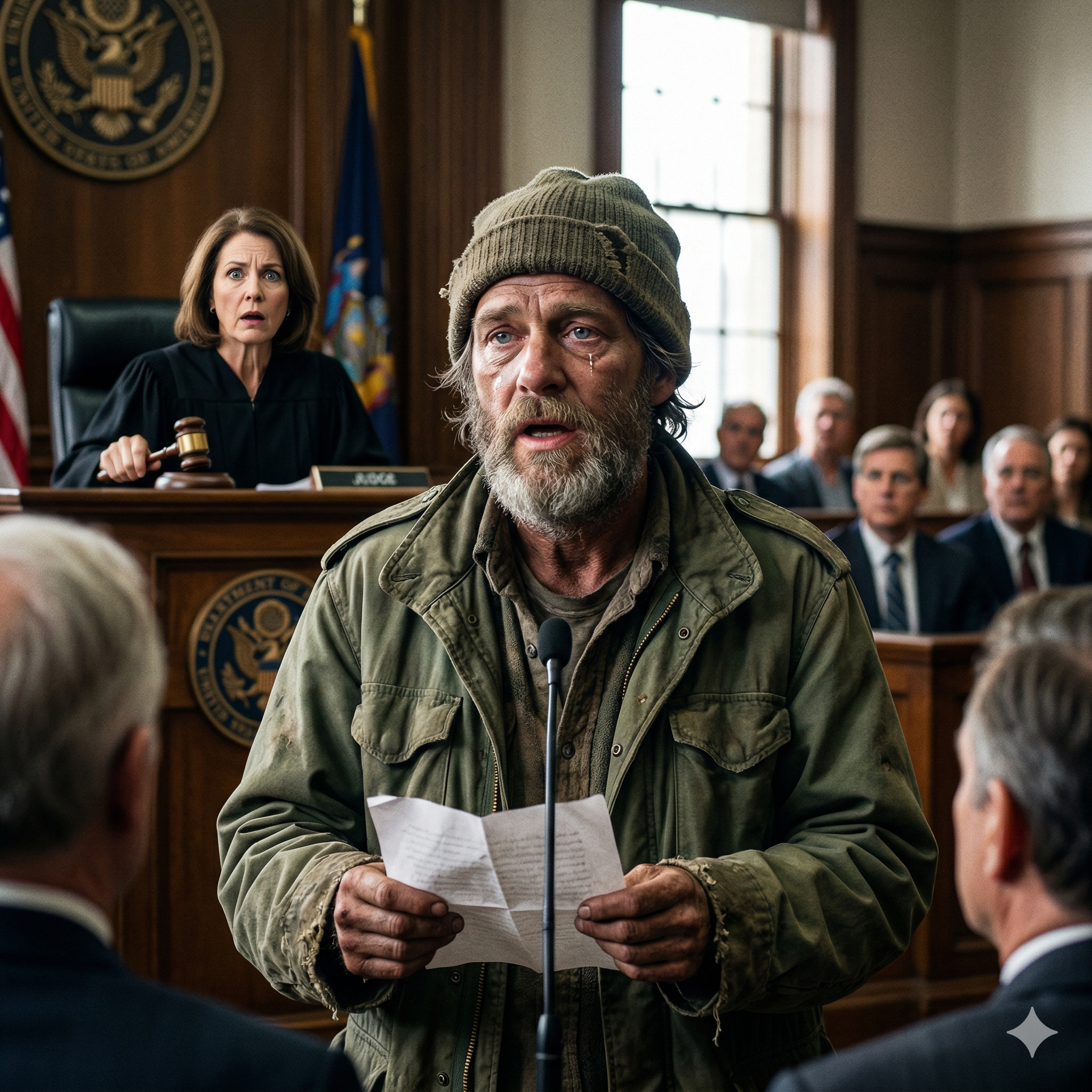 They thought the wrongly accused, homeless, confused, and impoverished veteran—until the entire courtroom fell silent upon hearing his first words about the judge.