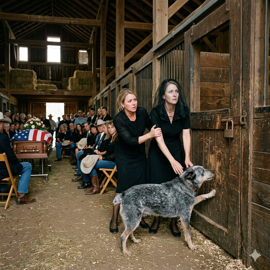 At My Husband’s Funeral, the Old Ranch Dog Refused to Leave One Closed Stall… Then We Heard Knocking From Inside