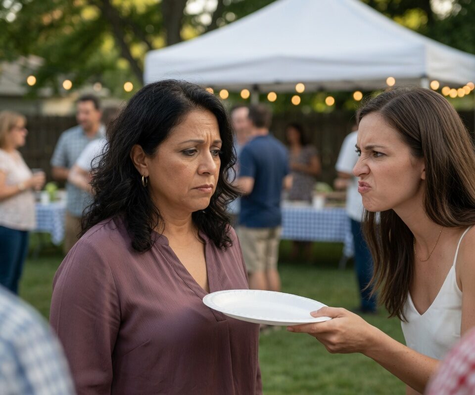 At the family reunion, my husband’s stepdaughter handed me a paper plate and sneered, “The maid eats in the kitchen.” Everyone laughed. My husband said nothing. I quietly bought a one-way ticket—and when they discovered what I had left behind, they all turned pale.