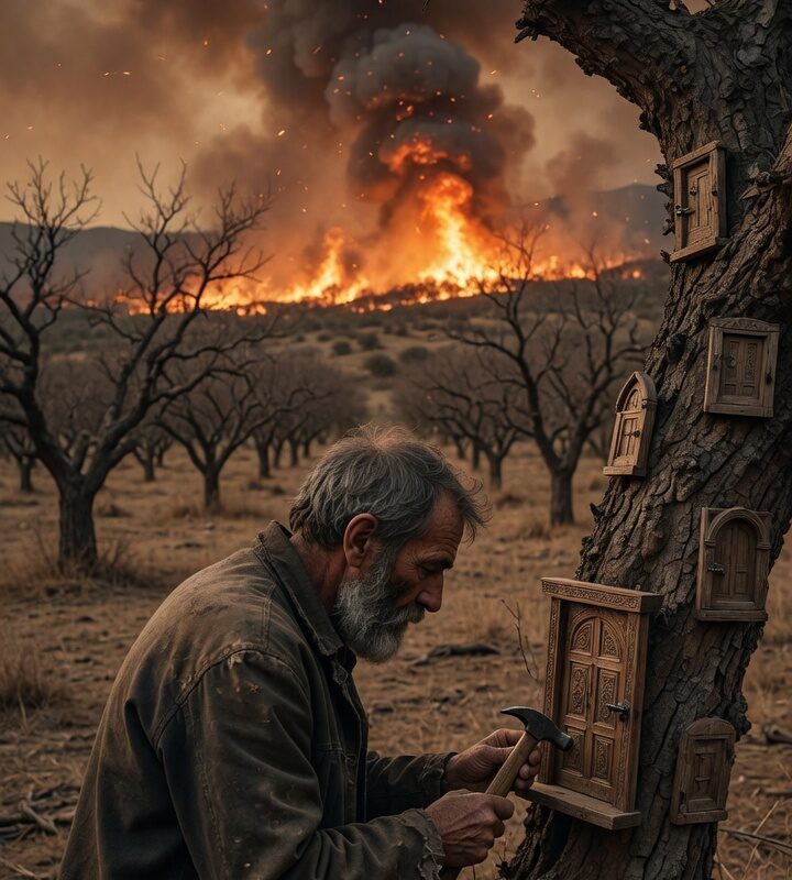 For months without rain, the old carpenter quietly built tiny wooden doors and attached them to every tree in the deserted garden. People mocked him as a madman—until the devastating wildfire the next summer revealed the astonishing reason behind his strange work.