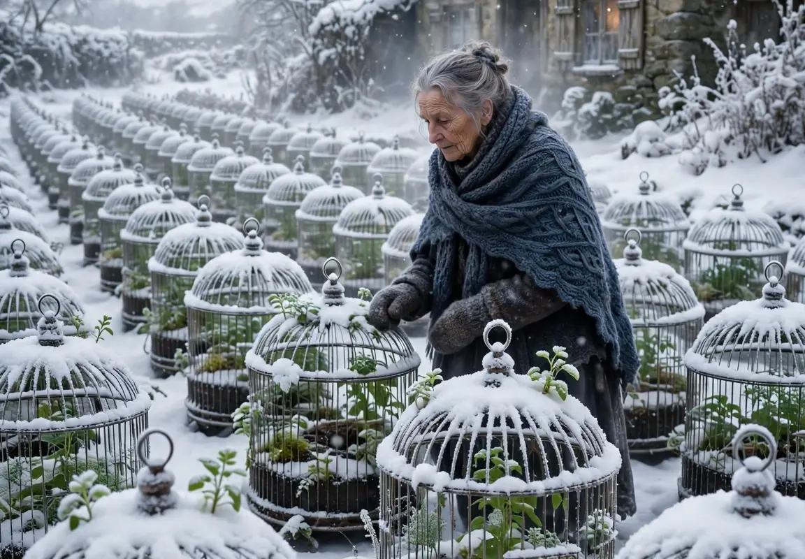 The widow’s strange routine lasted seven months: at sunrise, she carried empty birdcages behind her cottage, placed them in neat rows, and filled them with soil. Everyone laughed and called her insane—until the first winter frost arrived, and the truth left the whole village speechless.