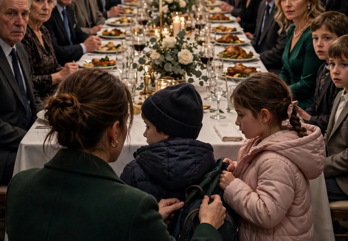 My father watched in silence as my children sat at a lonely table with nothing to eat during his 70th birthday, while my sister’s family enjoyed the feast with the VIP guests. I didn’t argue. I simply took my children’s hands, rose to my feet, and spoke one line that left everyone speechless.