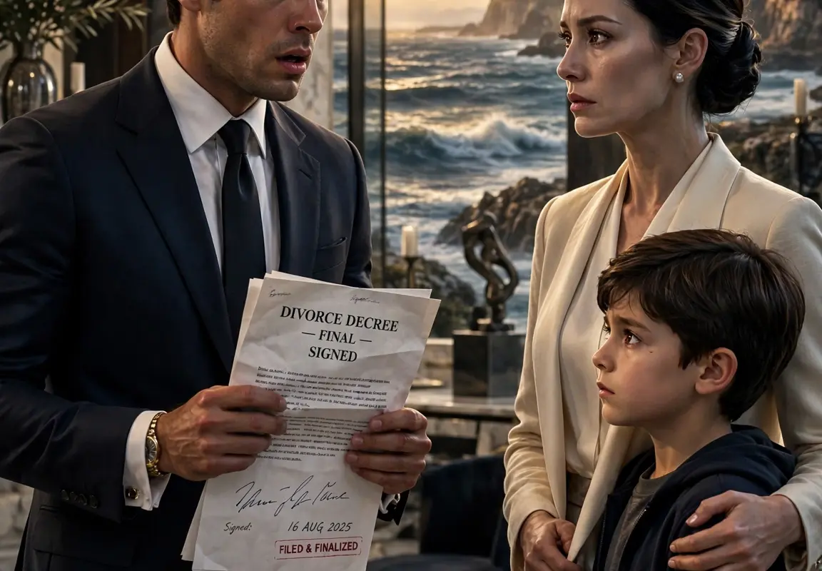 A young billionaire spent ten years believing his first love was still waiting for him in the seaside mansion where they had promised to grow old together. When he finally returned with an engagement ring, he found signed divorce papers and a 9-year-old child who looked exactly like him—and within 24 hours, the empire he had built began to collapse.