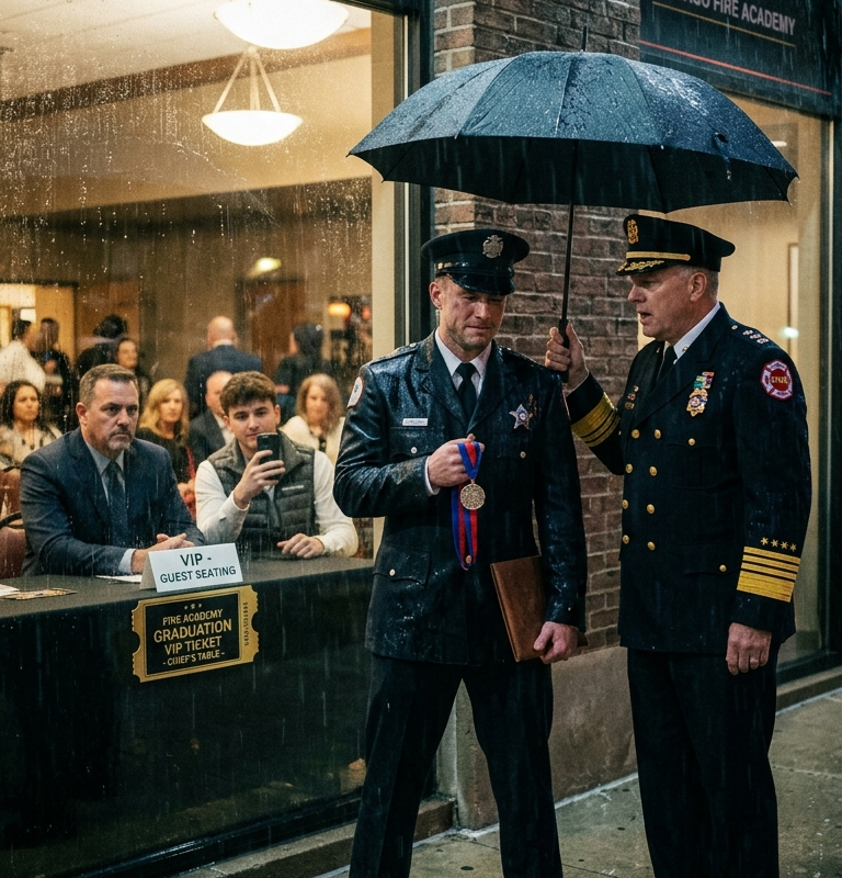 My Father Took My Only Fire Academy VIP Ticket for My Stepbrother — Then the Commissioner Asked Why the Medal Recipient Was Outside in the Rain