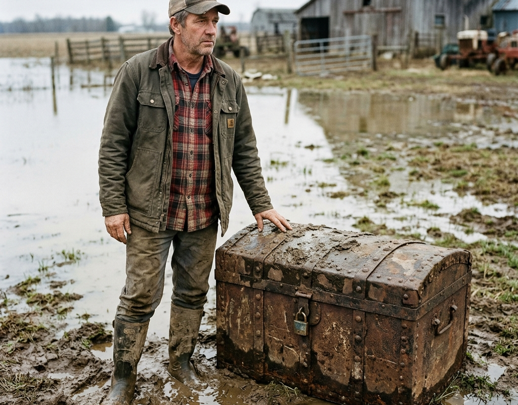 Overcoming the ridicule and sarcasm of his neighbors, the man waded through the deep mud for hours and finally found an antique iron chest