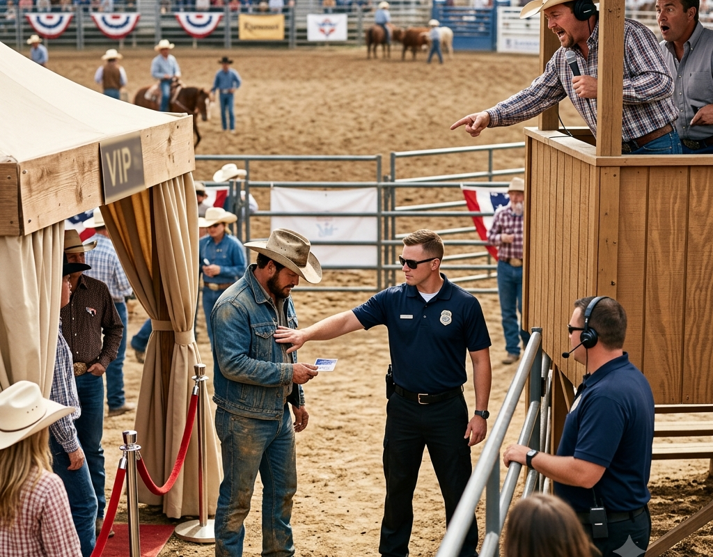 They Refused to Let the Ranch Hand Enter the Rodeo VIP Tent — Then the Announcer Said the Arena Was Waiting for Its New Sponsor