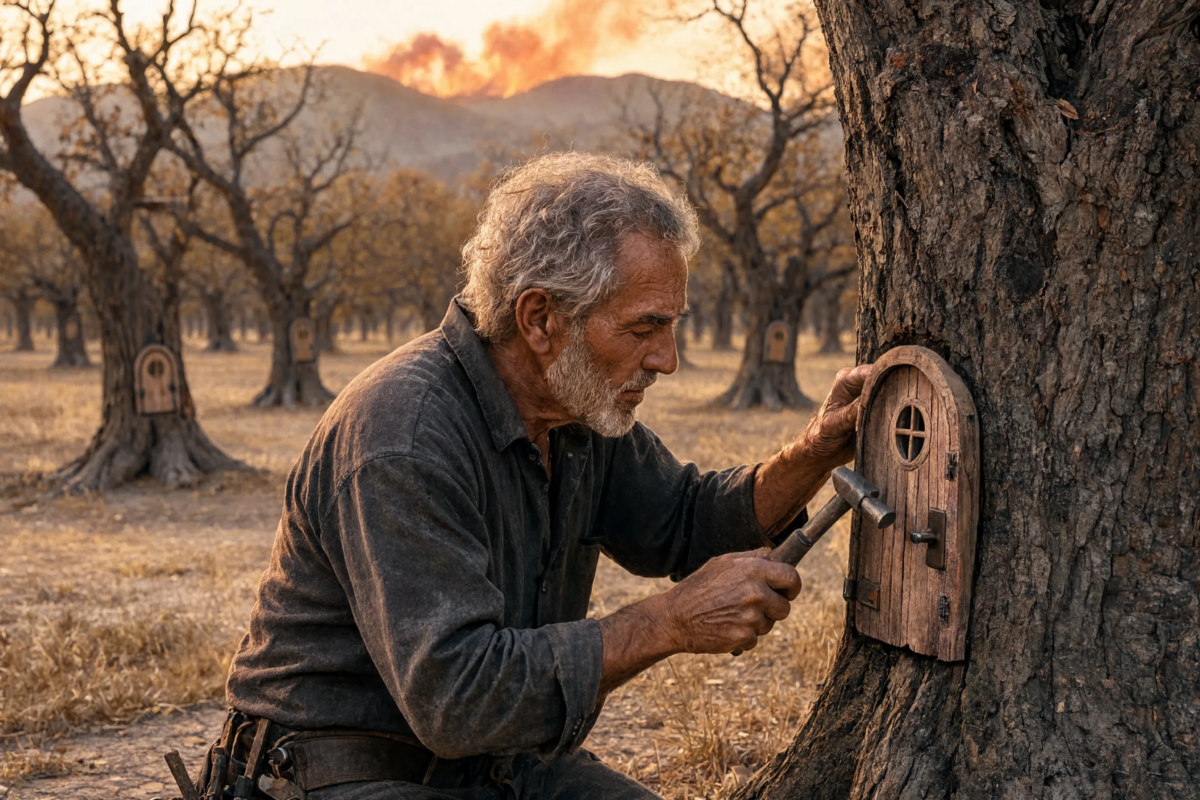 All through the long drought, the mute carpenter spent his days crafting miniature wooden doors and fastening them to the trees in an abandoned orchard. The villagers laughed and called him insane—until the night a massive summer wildfire swept through and proved them all wrong.