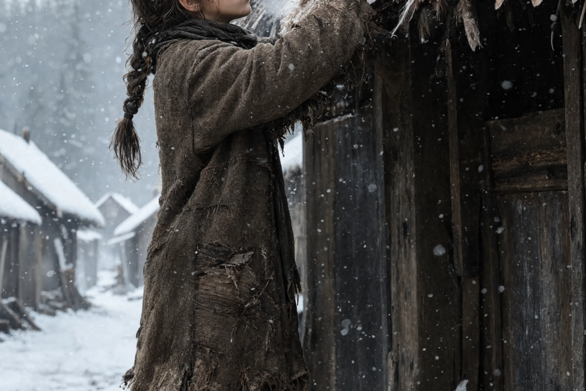 Throughout the long, brutal winter, the little orphan carefully gathered every feather she could find and stitched them onto the roof of her tiny shed. Everyone said the cold had driven her mad—until the great flood the following spring changed everything.