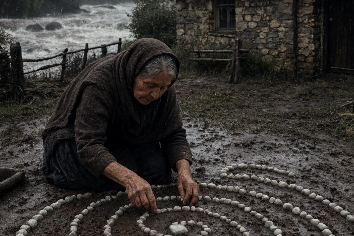 Throughout that rain-soaked spring, the elderly midwife quietly dug shallow spiral trenches around her house and filled them with white pebbles. The villagers laughed at her—until the morning the river rose higher than it had in a hundred years, and everything changed.