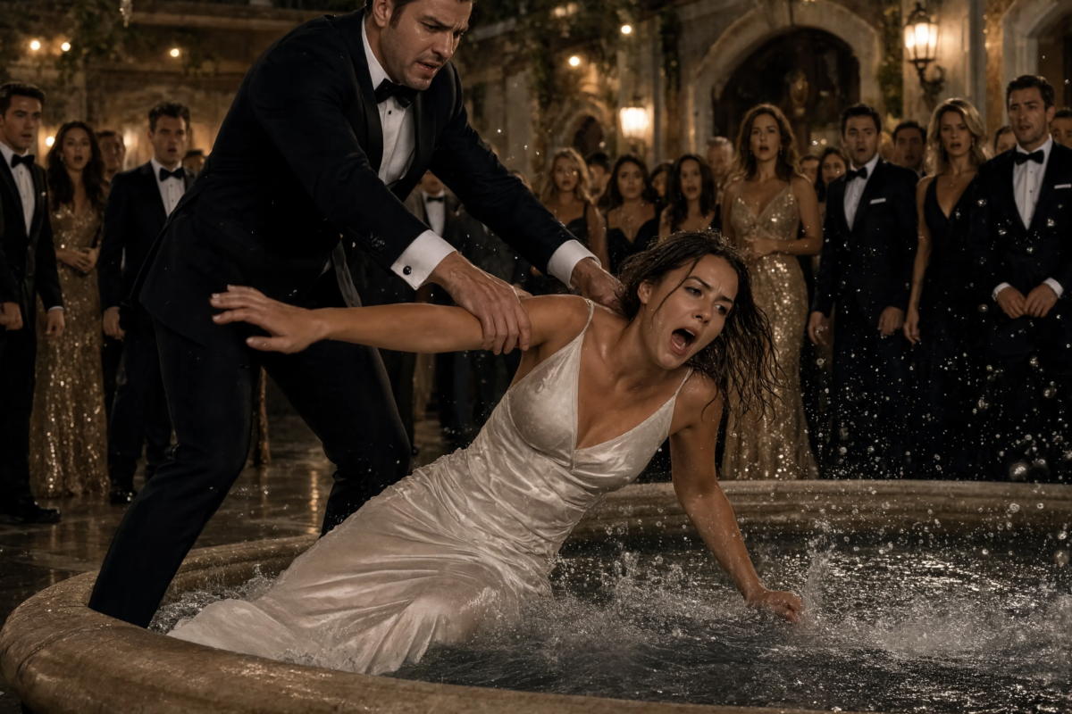 In front of 200 wedding guests, my father pushed me into the fountain and laughed as I fell. Moments later, my husband arrived, and the celebration turned into something no one expected.