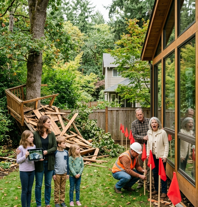 My Neighbor Tore Down My Kids’ Treehouse Because It “Blocked Her View” — Then The Surveyor Put Red Flags Around Her Glass Sunroom