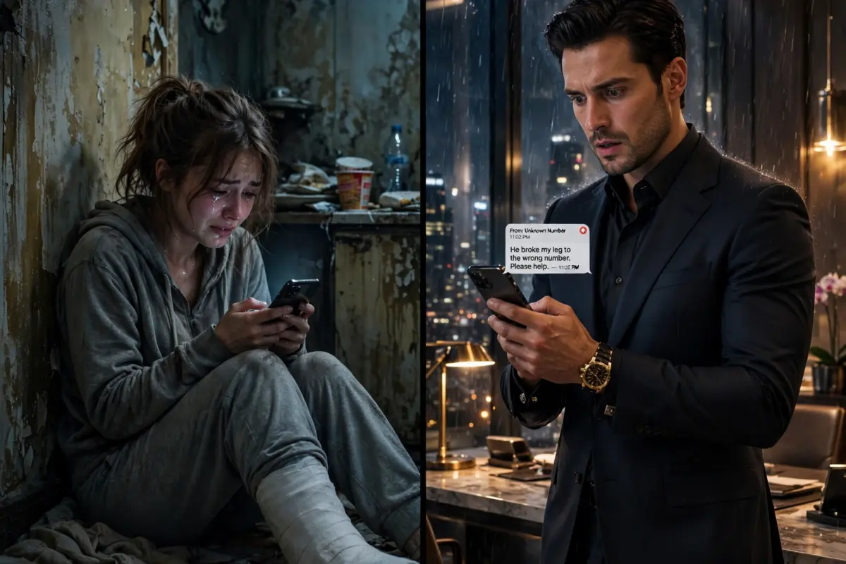 She thought she’d texted the wrong number after writing, “He broke my leg”… but hours later, a billionaire knocked on her door because he knew the truth behind that message couldn’t be ignored