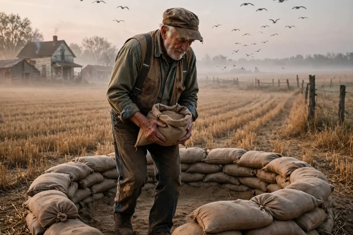 They laughed as the old wheat farmer in Nebraska stacked tiny sandbags into a mysterious shape every single morning… but when winter arrived, his “crazy” ritual became the only thing standing between the farm and disaster