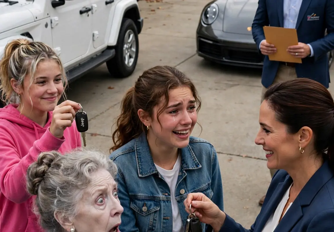 My mother humiliated my daughter with a $15 bracelet while surprising my niece with a Jeep on her 18th birthday… but her smile vanished when I gifted my daughter a paid-off Porsche, and the dealer handed over a mysterious envelope