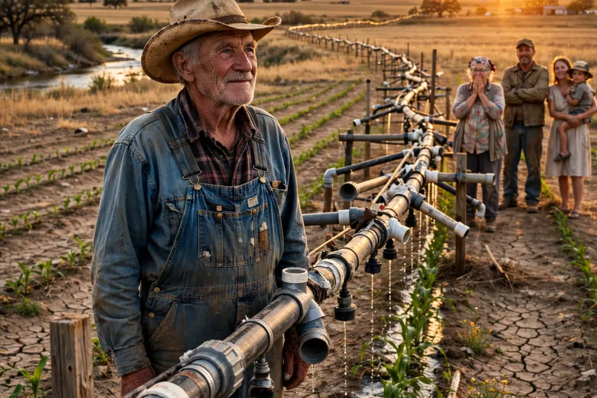 An old Oklahoma farmer quietly collected broken irrigation pipes and discarded fittings all winter, while the villagers joked he was opening a scrapyard—until spring revealed what he had built with his own hands