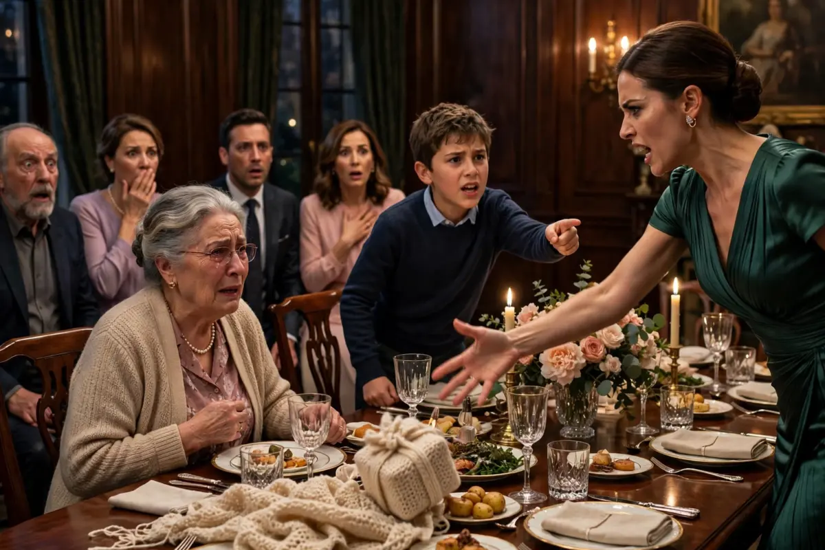 On Mother’s Day, a wealthy daughter threw her elderly mother’s handmade gift onto the table and humiliated her in front of the whole family… until a 10-year-old boy stood up and exposed the lie she had been hiding for years