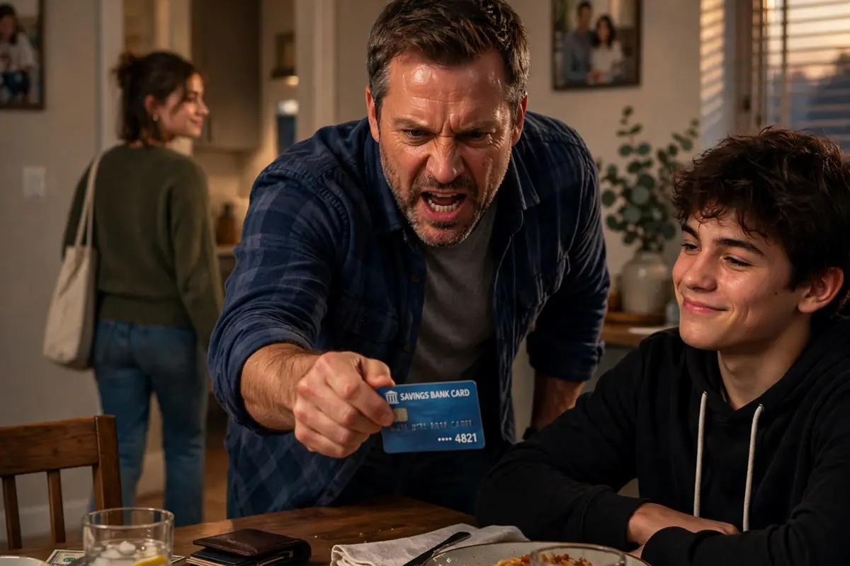 During dinner, my father snatched my savings card and said he would give it to my “more deserving” sibling, but I smiled and walked away—until a call from the bank the next day left me in tears