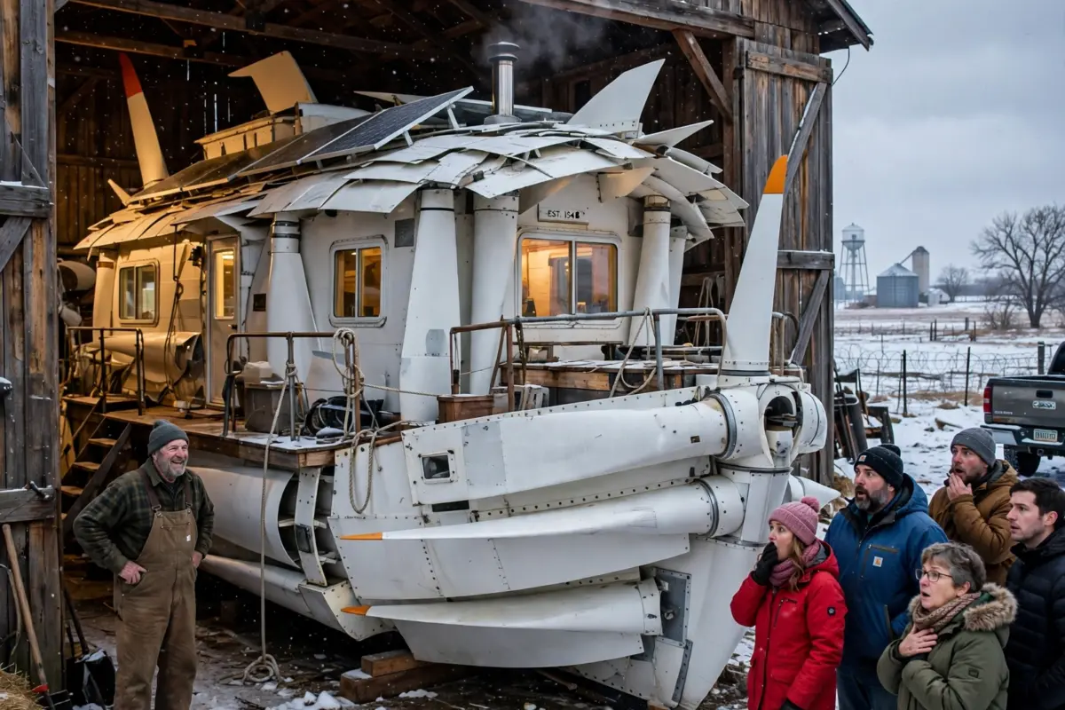 For months, the old farmer secretly collected discarded wind turbine blades from abandoned Nebraska farms, and when he finally opened his barn at winter’s end, the shocking truth left his neighbors speechless
