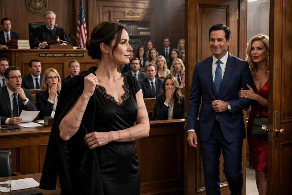 “The company, house, and cars are all mine,” my husband smirked at our divorce hearing, but when I took off my coat and exposed the scars he thought he had erased, his confidence vanished