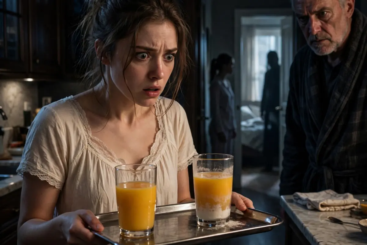 I secretly swapped the two glasses after discovering white powder in the juice my father-in-law gave me, thinking his plan had failed when my sister-in-law drank it—until a horrifying event unfolded in my bedroom the next morning