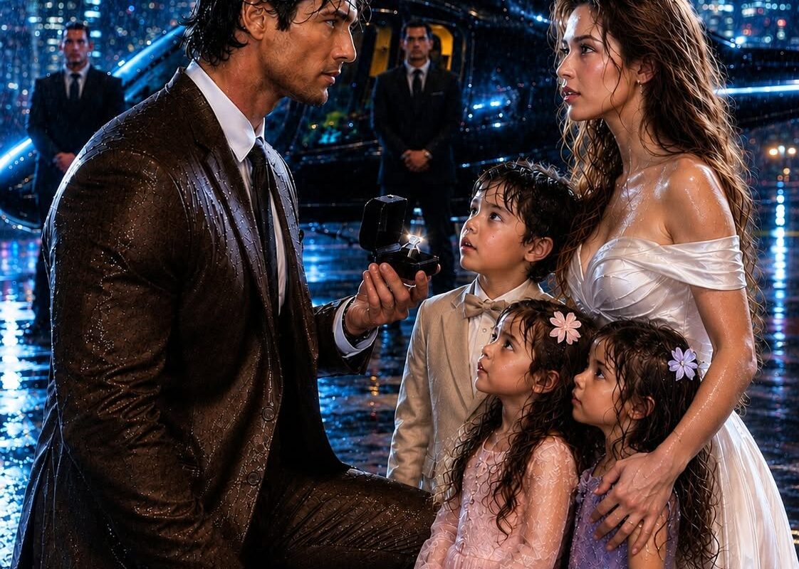 I had just stepped off the plane when I saw my ex-wife standing in the pouring rain with three children who looked exactly like me; before I could react, a group of mobsters appeared, intent on kidnapping her and the kids—and then, I caught sight of a DNA test result that had fallen to the ground.