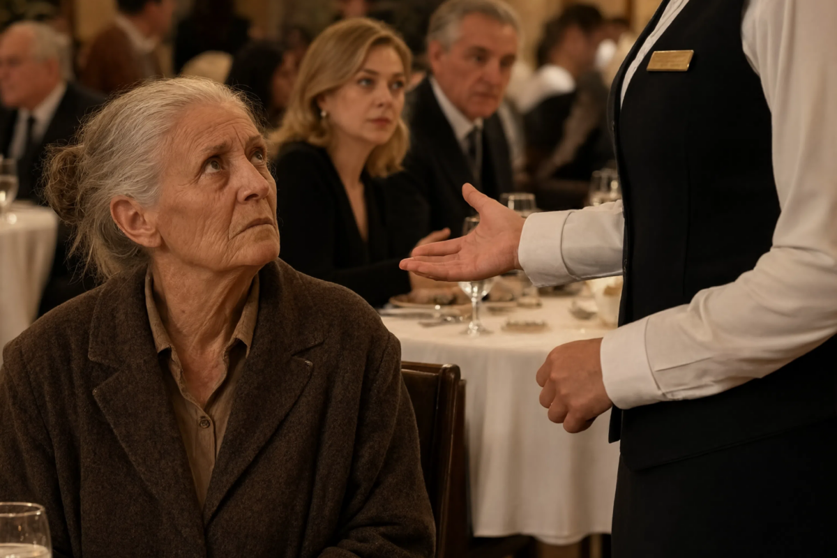 An elderly woman in simple clothes was told to leave a table at a luxury restaurant because she “didn’t fit the atmosphere”… until the owner rushed over, bowed respectfully, and escorted her to a private dining room