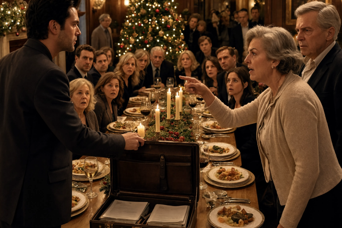 At Christmas dinner, my mother stood before 30 relatives and demanded I pay $93,000 for my sister’s wedding. My father added, “Everyone here is on her side. You owe her this money.” They thought I’d stay silent… until I opened my grandmother’s leather briefcase and found what they never expected