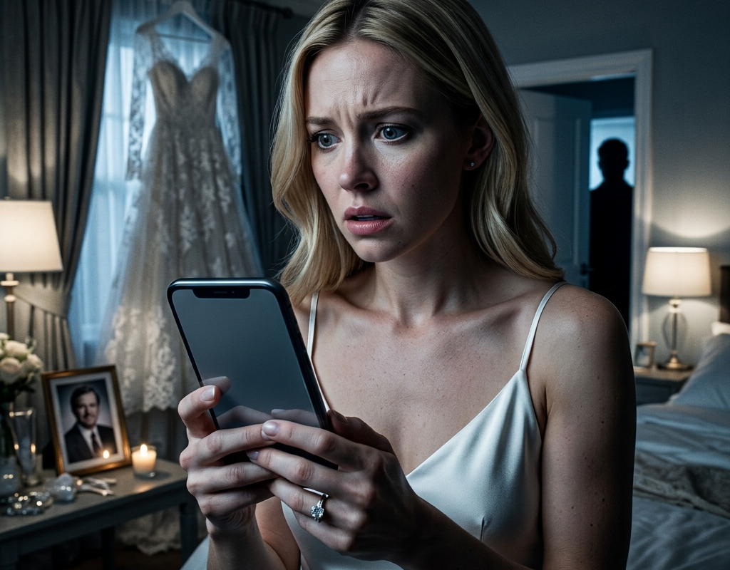 Create a highly dramatic cinematic scene for a mystery wedding thriller. A beautiful American bride in her late 20s, Jessica, wearing an elegant white wedding dress, stands alone in a dimly lit bedroom the night before her wedding. She looks shocked and terrified as she stares at her smartphone. On the phone screen, a text message from a contact named “Dad ❤️” reads: “DON’T MARRY DANIEL.” Beside the message is an old photograph of Jessica as a teenager with her father, making the situation even more mysterious. In the background, slightly blurred, there is a large wedding dress hanging near a window, wedding decorations, and a framed photograph of her deceased father on a table. A dark silhouette of a man is faintly visible through the bedroom doorway, creating a sense of danger and suspicion. The atmosphere should feel tense, emotional, mysterious, and cinematic, with dramatic shadows, cold nighttime lighting, realistic facial expressions, subtle fear, and strong visual storytelling. The bride’s engagement ring should be clearly visible as she grips the phone tightly. Photorealistic, Hollywood thriller movie style, cinematic composition, realistic American characters, dramatic lighting, high contrast, shallow depth of field, ultra-detailed, emotional, suspenseful, 16:9 aspect ratio, designed as a viral YouTube story thumbnail.