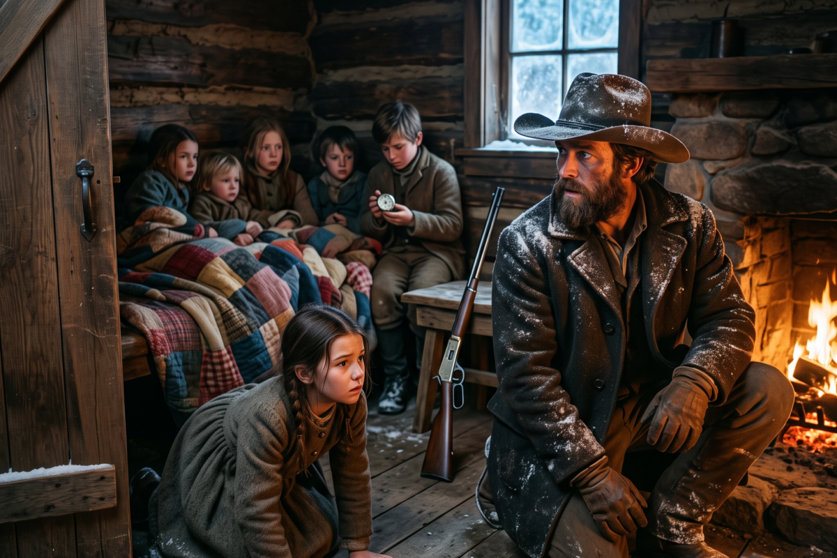 The wind howled like a trapped soul across the frozen Montana plains. Eight small bodies huddled inside the rotting shack, breath fogging the air, eyes wide with terror.