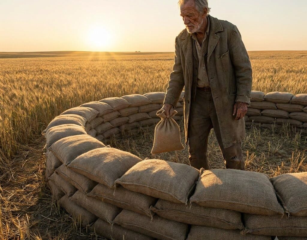An old farmer spent every morning building an odd sandbag formation in the corner of his Nebraska wheat field… everyone called him senile until the first night of winter proved he had seen the danger long before anyone else