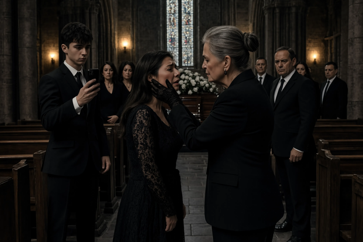 At my daughter’s funeral, my mother-in-law slapped me and threatened to put me in the coffin, until my husband’s stepson calmly mentioned the insurance messages—and the entire chapel fell silent