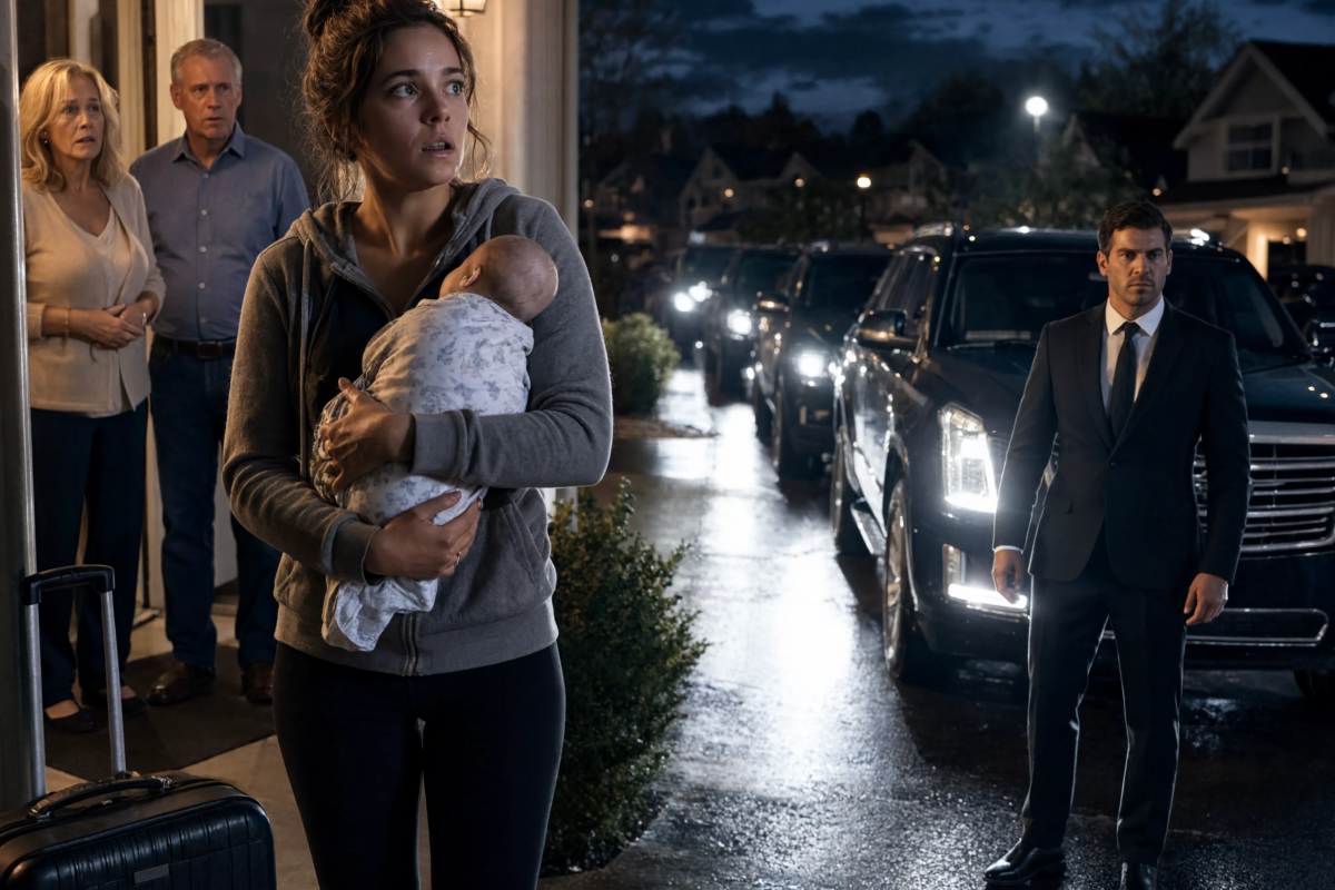 At 21, my parents kicked me out for becoming a single mother, but as I stood on the porch holding my baby, a convoy of black SUVs arrived—and my parents turned pale when the baby’s father stepped out