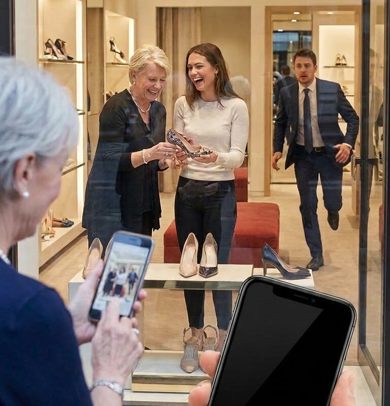 My mother-in-law treated my husband’s mistress to designer shoes using my card, unaware I was watching from afar—until one photo made my husband rush into the store five minutes later